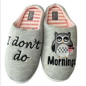 I don’t do mornings owl print slippers with sleeping mask